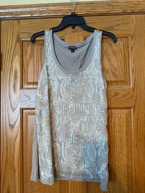 Express Beige Snake-Print Sequin Tank